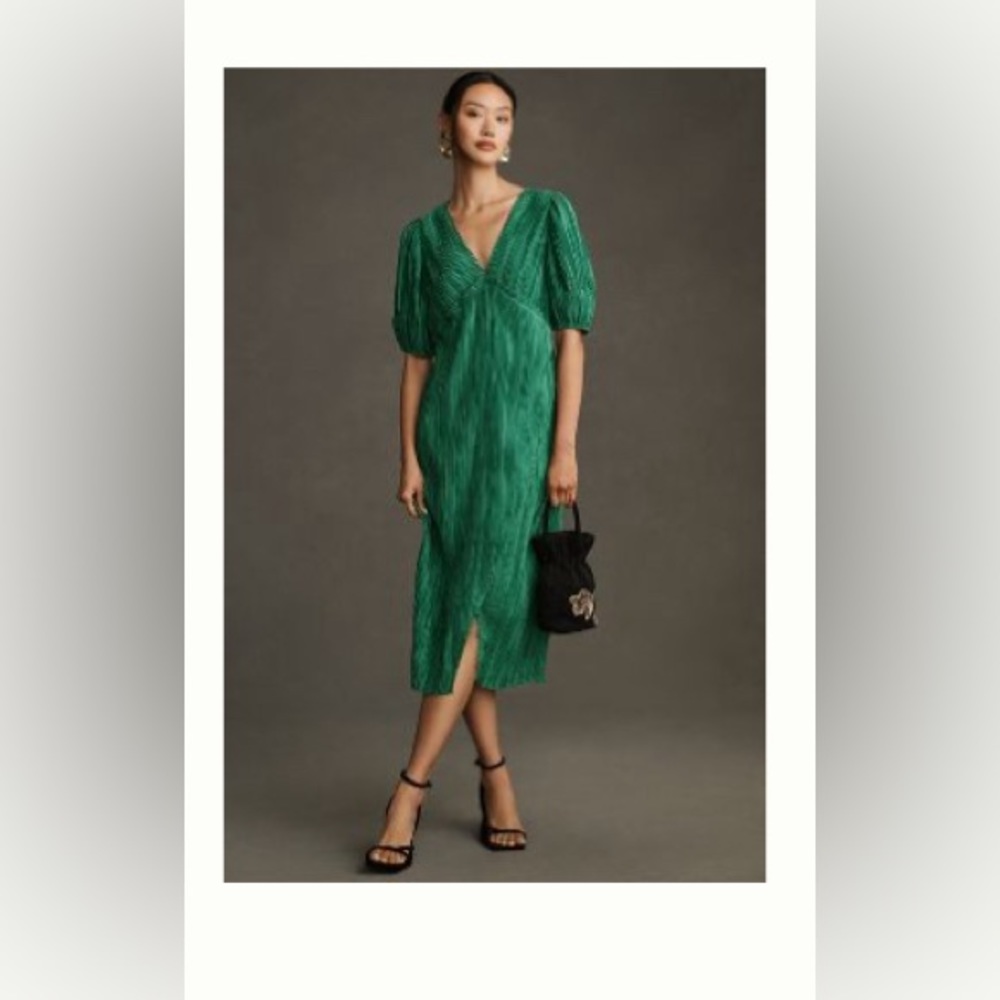 by Anthropologie V-neck pleated slim midi dress